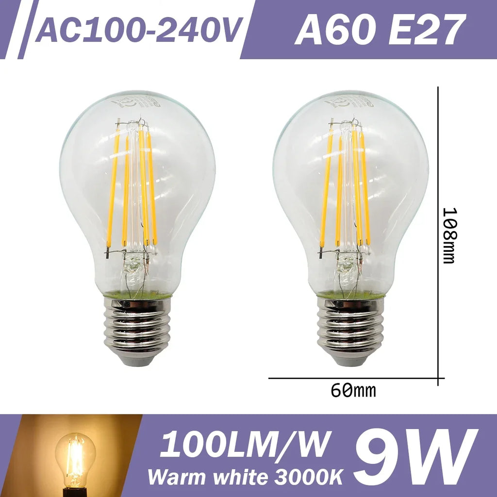 2PCS LED Filament Bulb E14 E27 C35 C35T ST64 G80 A60 220V 4W 9W Warm White Glass 360 Degree Edison Retro Candle Light Blubs