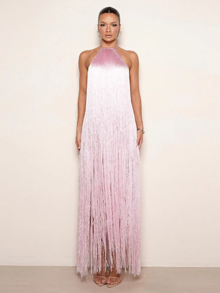 Party Women's Dress Halter Sleeveless Backless Tassel Solid Female Long Holiday Dresses 2026 Summer Fashion Elegant Lady Robe