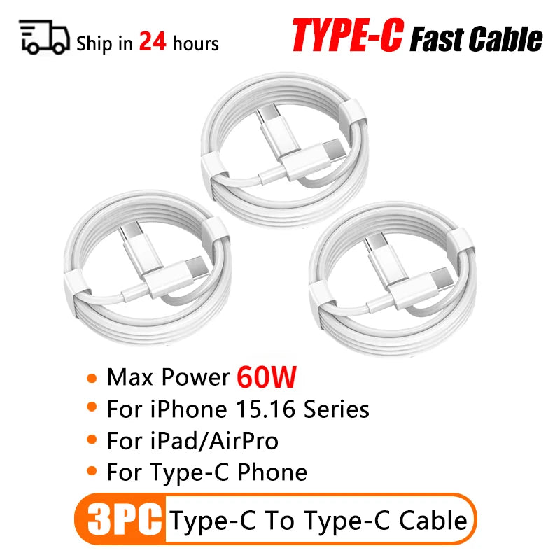 PD 60W USB C to Type C Fast Charging Cable for iPhone 11 13 14 15 16 Pro Max 12 Mini 6 7 8 Plus XS XR iPad USB A 1M 2M Cable