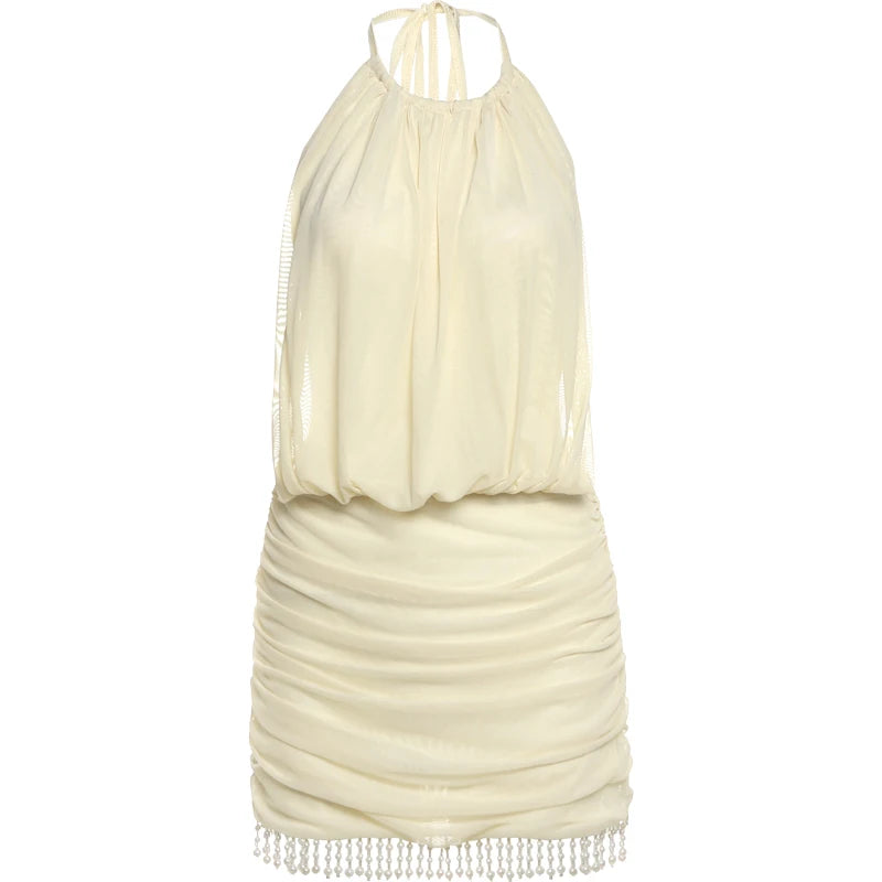 Weird Puss Sexy Mesh Patchwork Mini Dress Women Lace-Up Halter Backless Pearl Tassel Ruched Elegant Midnight Club Party Outfits