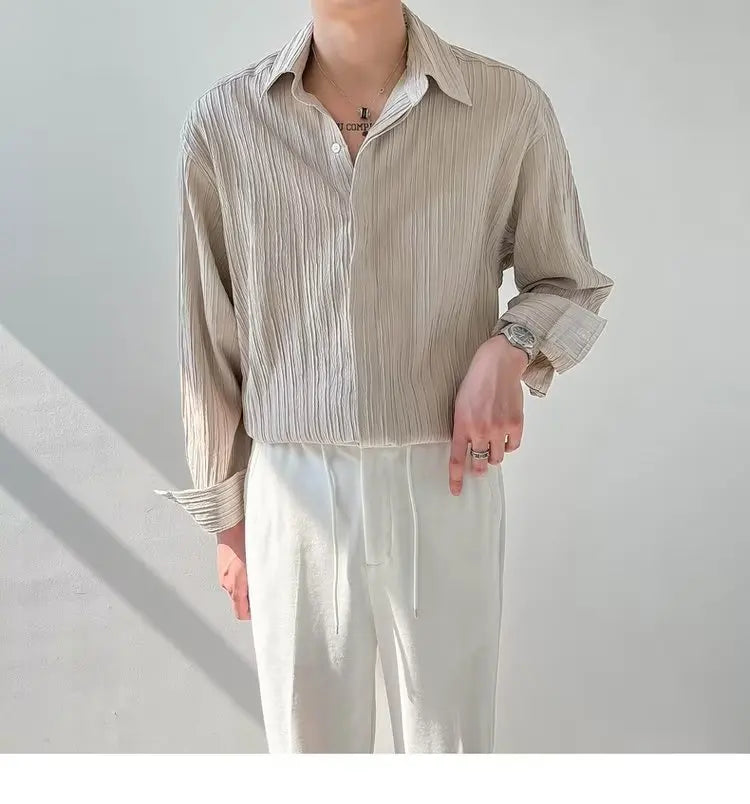 Black Apricot White Long-sleeved Shirt Men Fashion Social Mens Dress Shirt Korean Loose Casual Pleated Shirts Mens Formal Shirt