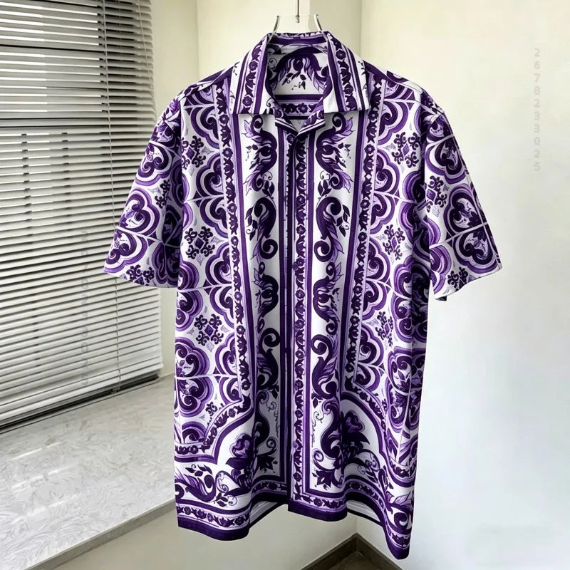 Men's shirts, summer Baroque printed shirts, loose oversized retro short sleeved shirts, vacation style versatile men's tops