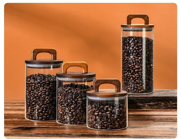 Clear Glass Jar with Bamboo Lid Sealed Canister Food Storage Container for Loose Tea Coffee Bean Sugar Salt Kitchen Gadgets