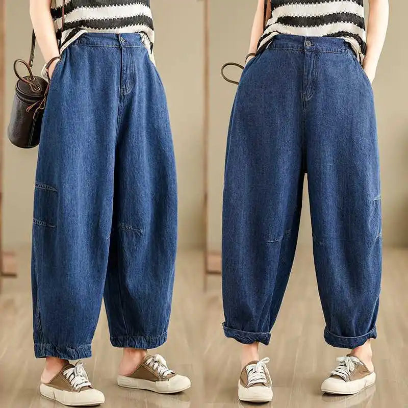 2026 New Women's Retro Literary Baggy Jeans Simple Versatile Wide-leg Washed Denim Trousers Casual Streetwear Ladies Harem Pants