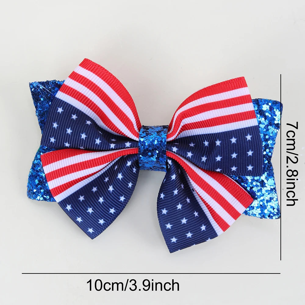 2Pcs USA Flag Bow Hair Clip Ribbon Patriotic American Flag Design Red White Blue Bow Barrettes For 4th Of July Party Accessories