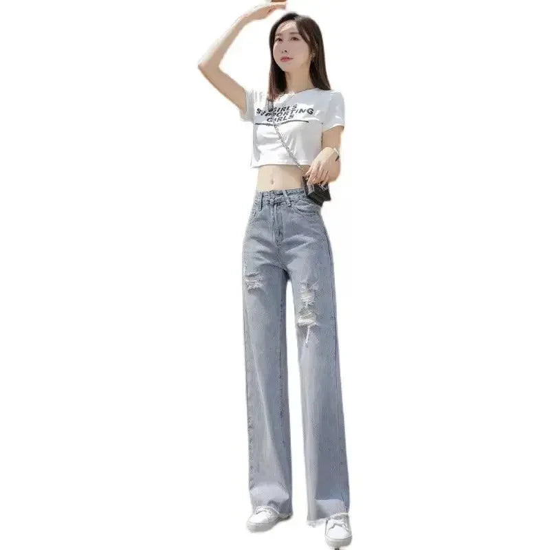 Torn Trousers with Pockets Women's Jeans Holes Blue High Waist Shot Female Denim Pants Ripped Vibrant R Wholesale Baggy Basics Z