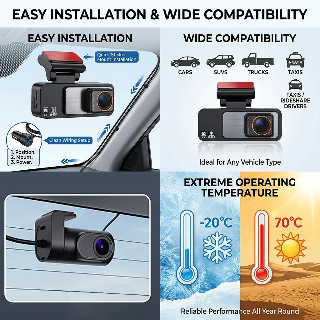 Dash Cam Dual Lens 4K UHD Recording Car DVR GPS WDR Night Vision Video Recorder Wi-Fi Room Black Box 1080P Rear View Camera
