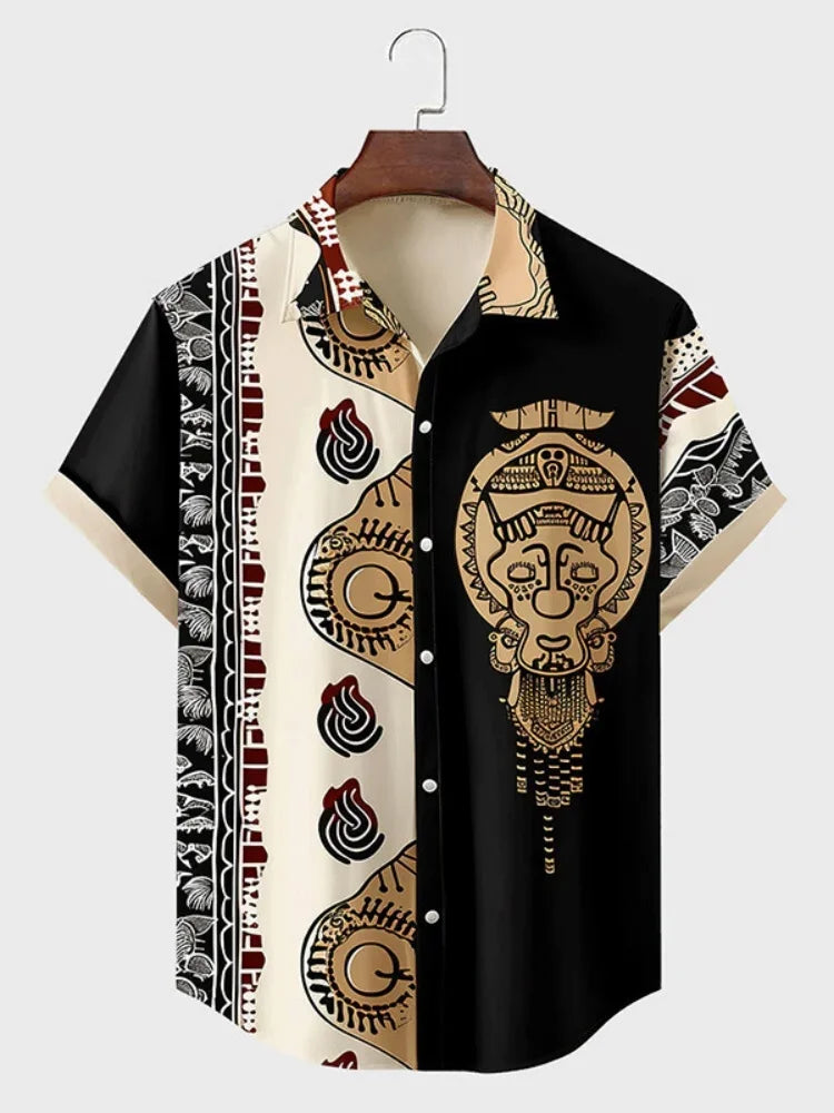 Autumn Ethnic Style Graphic 3D Print Holiday Button Men Clothing Luxury Men's Shirt Casual Short Sleeve Retro Shirt Man Top