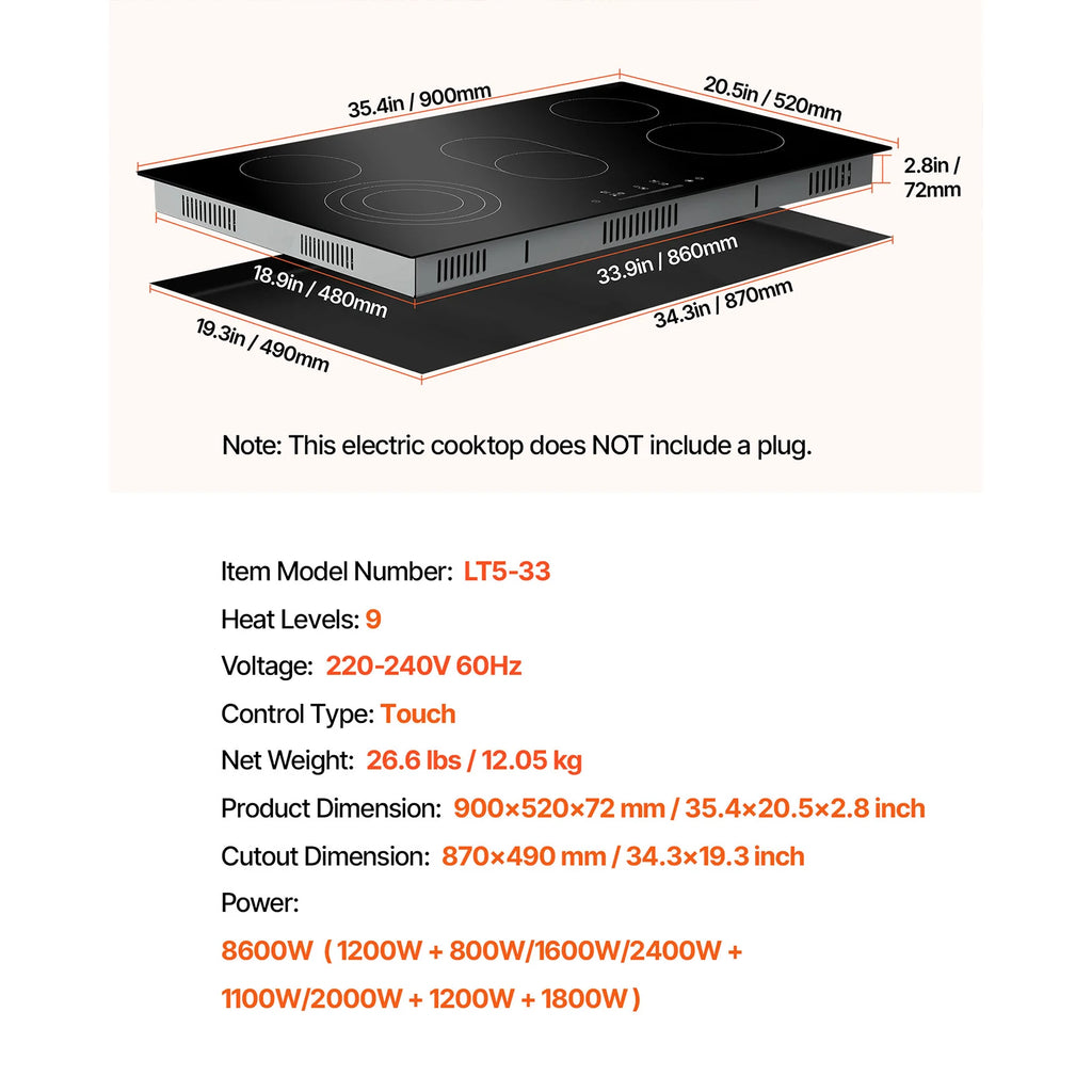 SucceBuy Electric Cooktop Built-in Electric Stove Top Ceramic Top Radiant Cooktop with Glass Panel Touch Control Timer ChildLock