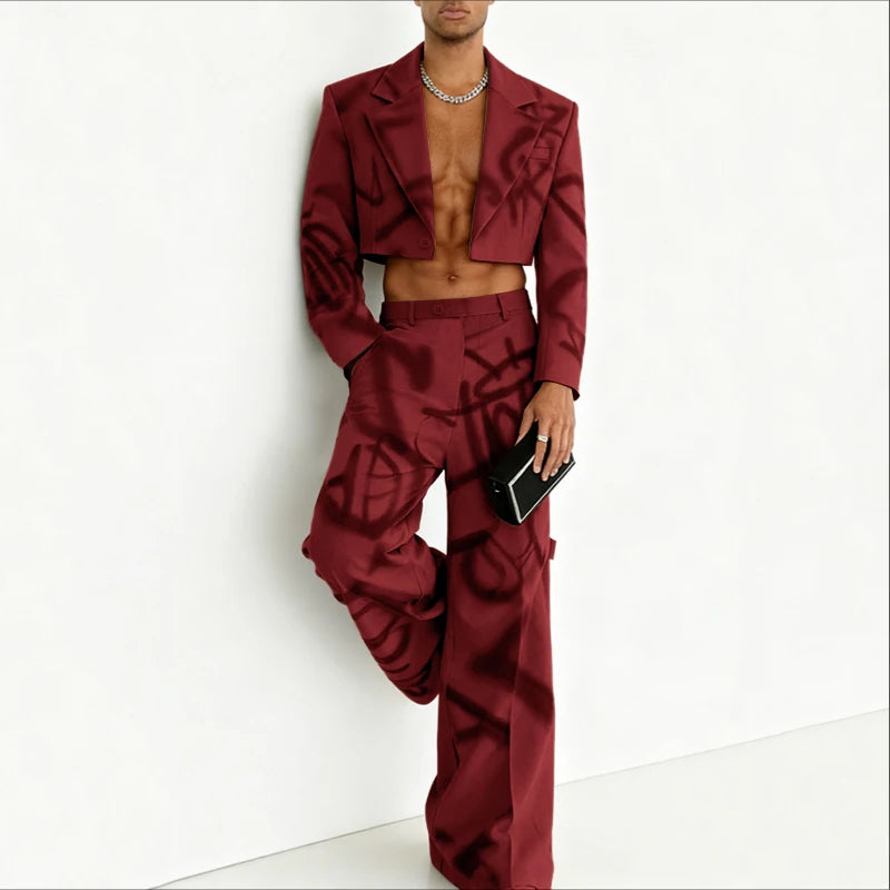 INCERUN Men Sets Printing Lapel Long Sleeve Crop Blazer & Pants Two Pieces Sets Streetwear Personality Fashion Men Casual Suits