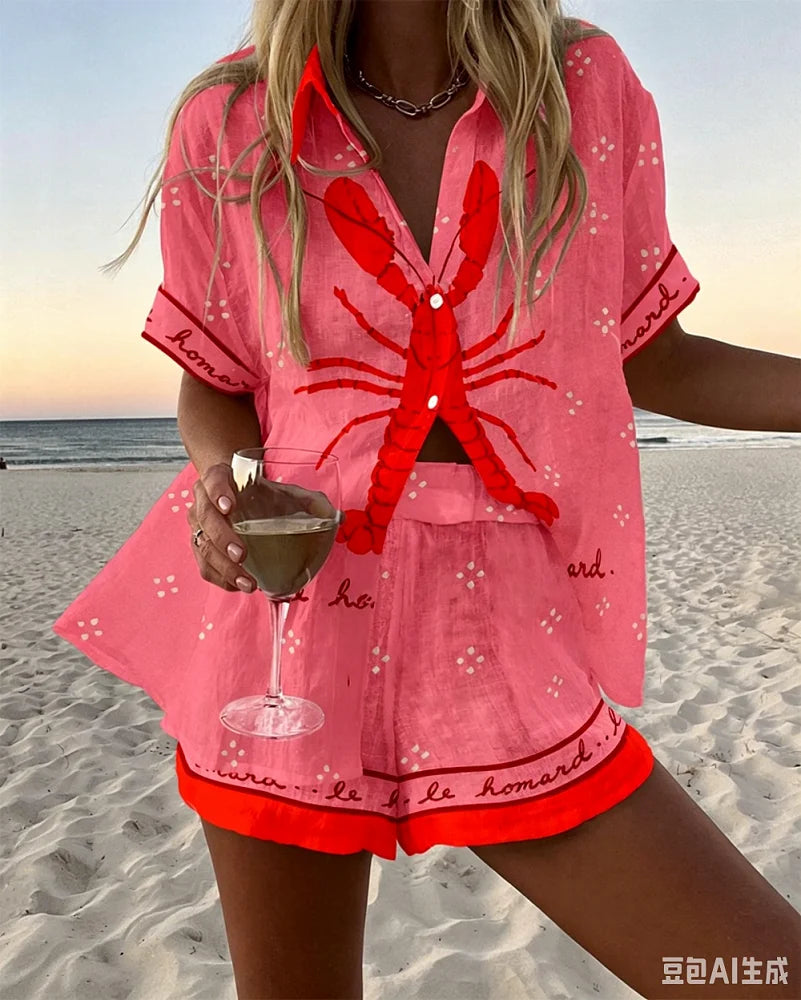 Holiday Summer Vacation Shorts Set 3D Printed Seaside Tropical Casual Lapel Shirt Blouse Top Shorts 2-Piece Suits Beach Clothes