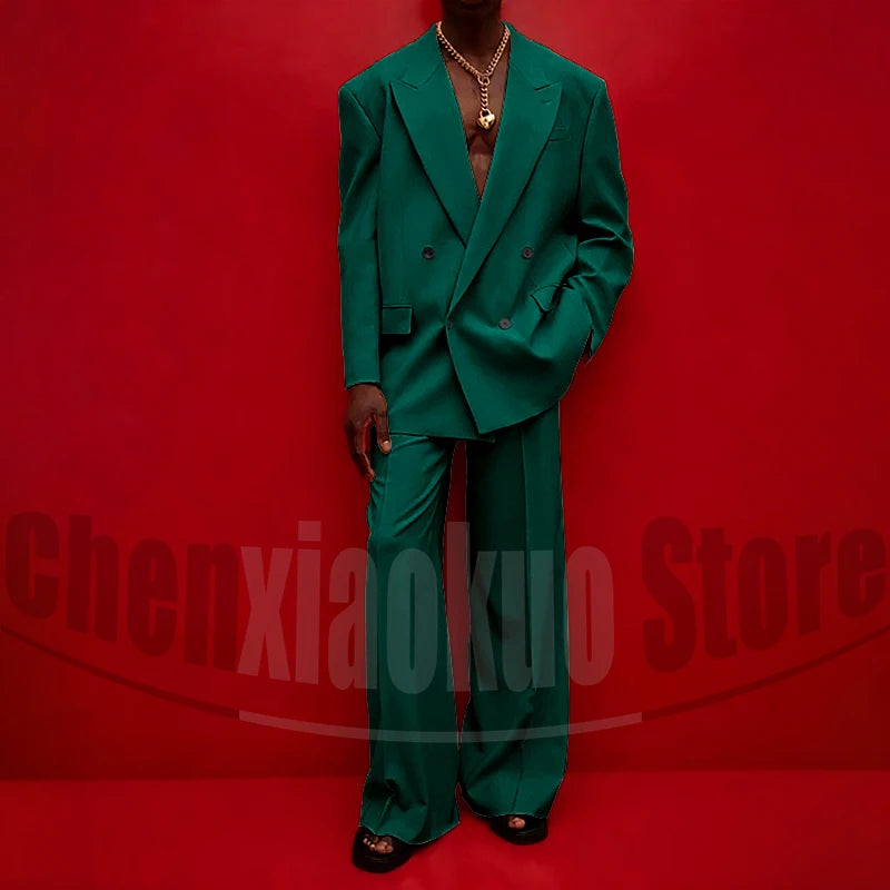 Men's Double Breasted Suit Set Oversized Blazer and Wide-Leg Trousers Fashion Casual Formal Outfits for Streetwear Party