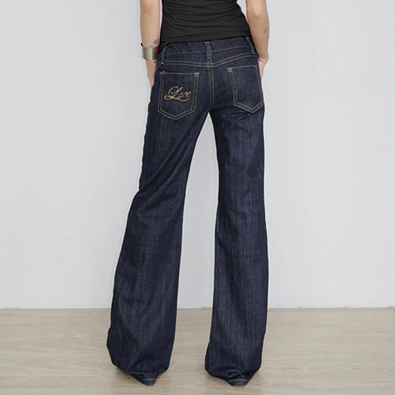 Women's Slim Fit Flared Jeans Y2K Vintage Low Rise Stretch Denim Pants with Embroidery Distressed Style for Everyday Outfits