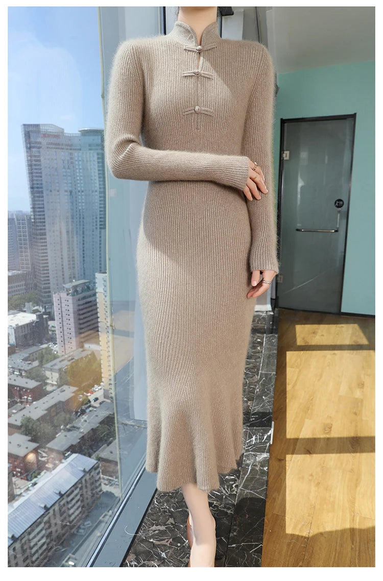 100% Mink Cashmere Knitted Dress Ladies Stand Collar Buckle Long Skirts Retro High Waist Over Knee Slim Dress New Thick Sweater