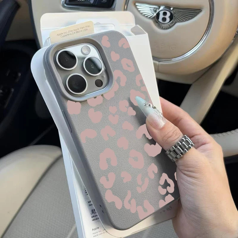 For iPhone 18 17 16 15 14 13 12 11 Pro Max Case Pink Leopard Print Lichee Pattern Silicone Cover For iPhone XS XR 16 Plus Fundas