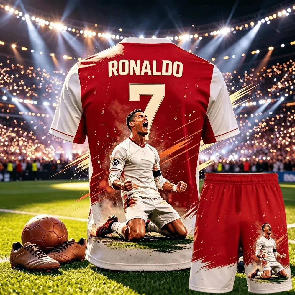 CR7 Ronaldo No.7 Theme Soccer Outfit Adult Children 3D Print Jersey Shorts Two Piece Sports Suit For Fans parent-child Clothing