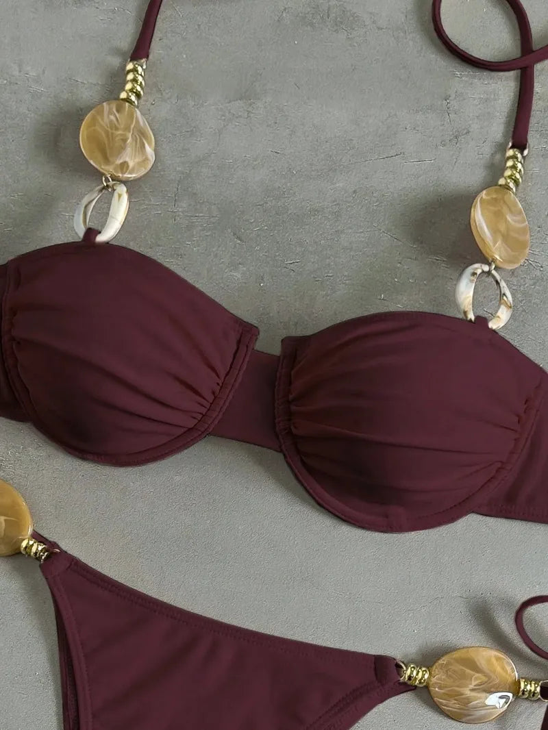 New Women's Sexy Halter Neck Backless Bikini Set Two-Piece Swimwear Solid Color Euro American Style Summer Beach Fashion