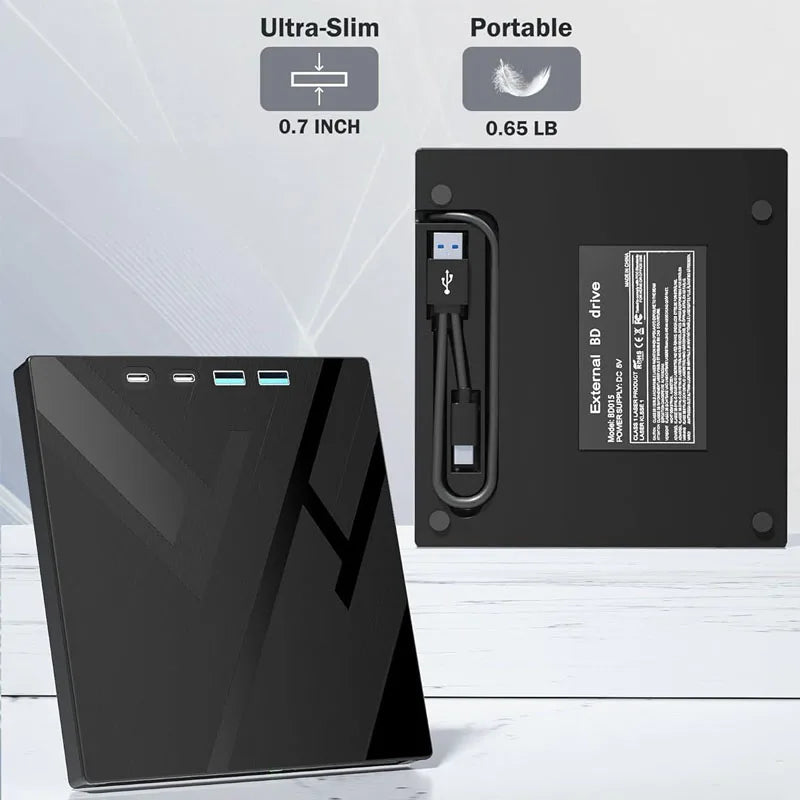 7 in 1 External Blu Ray Drive Support 100G Disc, Portable BD DVD CD -/+RW Player Burner Bluray CD Reader with SD/TF Card Slot