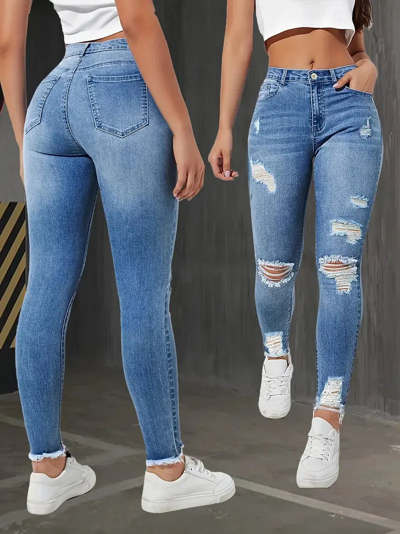 Women's Slim Fit Jeans with Rips Casual Slimming Cone Shaped Mom Jeans Comfortable Stretch Denim Trousers