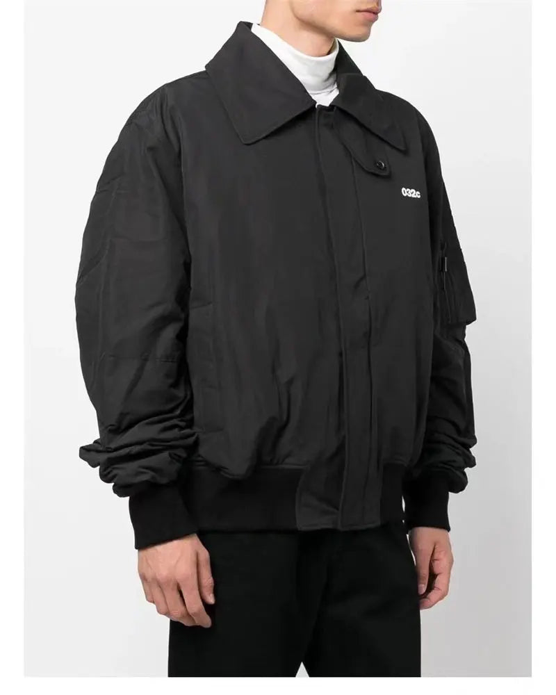 032C black silhouette short wide bomber zip multi pocket jacket