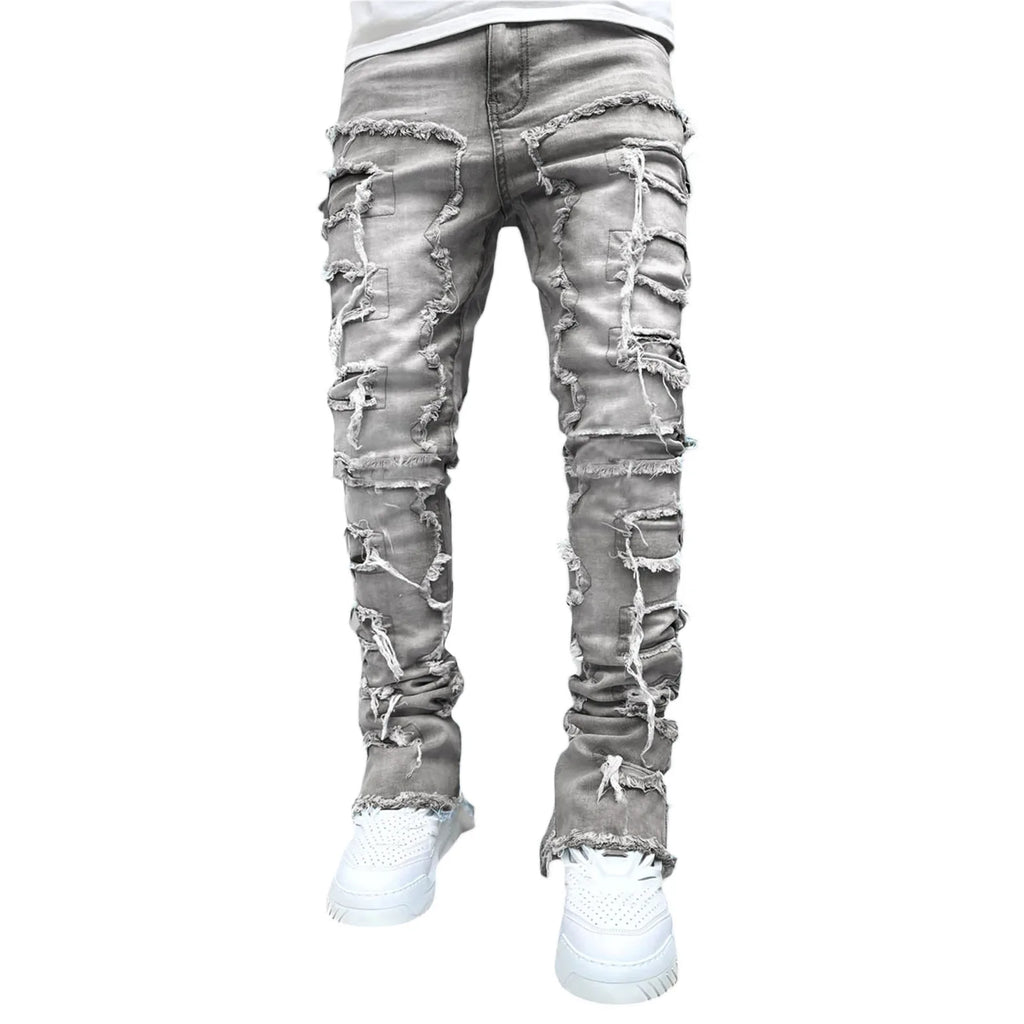 2026 New Men's Denim Straight-Leg Pants, European and American Street Fashion Ins Stretch Patch Denim Straight-Leg Pants