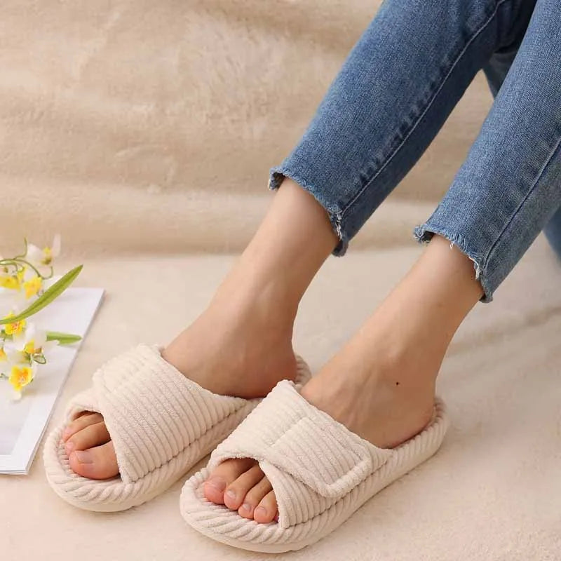 Shevalues Women's Fuzzy Warm Slippers Comfy Open Toe Sandals Memory Foam Indoor Bedroom Slides Rubber Sole House Shoes For Women