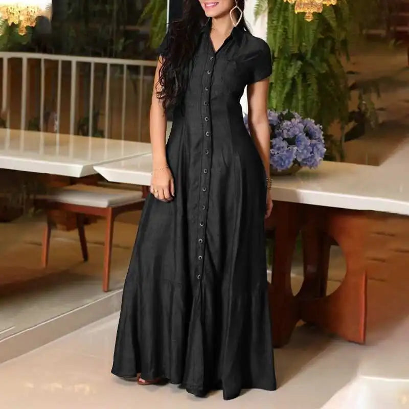 Women Denim Dress Elegant Denim Dress with Ruffle Hem Patch Pockets Women's A-line High Waist Long Dress for Casual or Formal