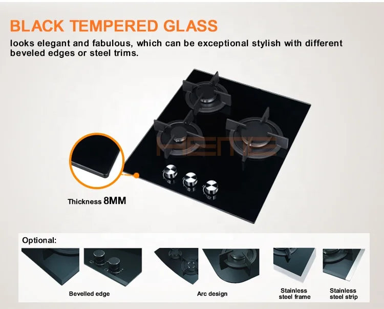 Built-In Tempered Glass Gas Hob Cooktops 3 Burner LPG Propane Gas Stove
