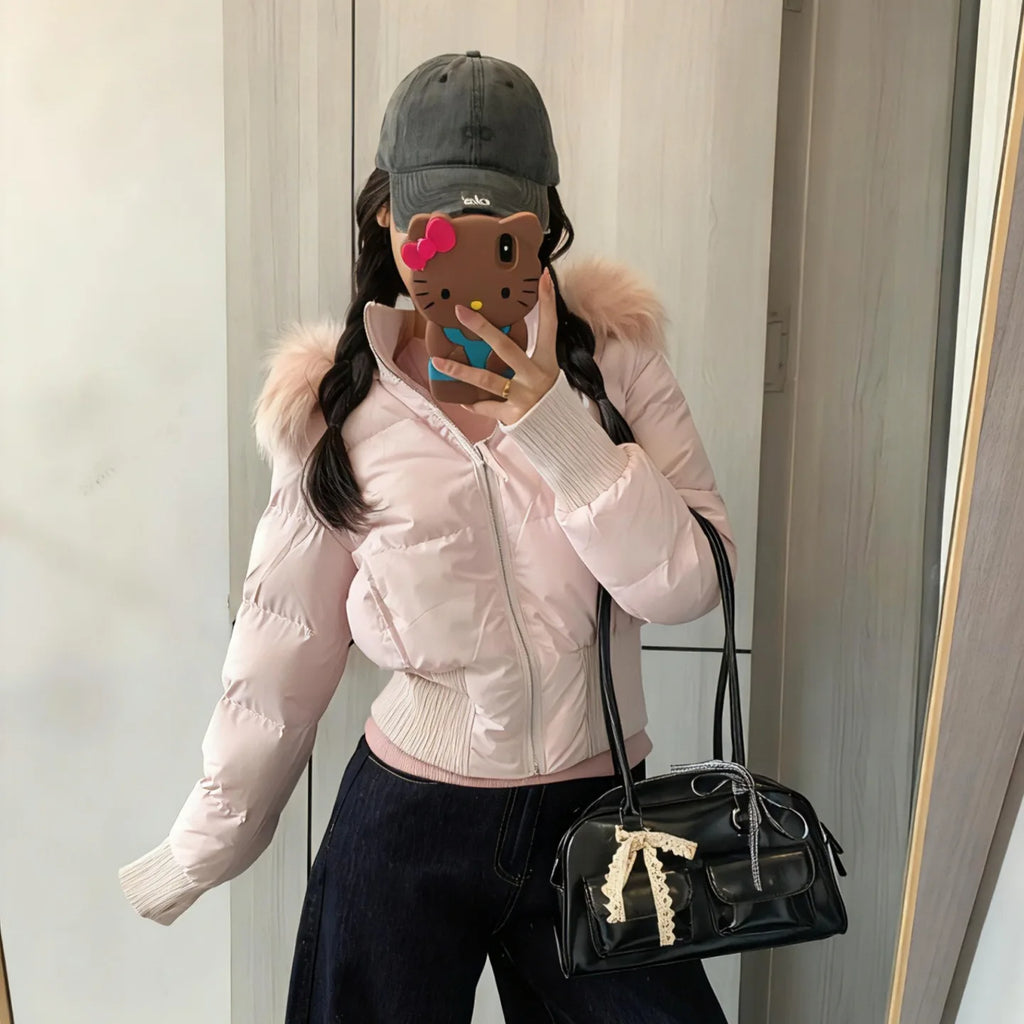 Winter New Women's Faux Fur Hooded Thick Padded Coat Slim Waist Short Cotton Jacket Sweet Style Warm Outerwear Parka