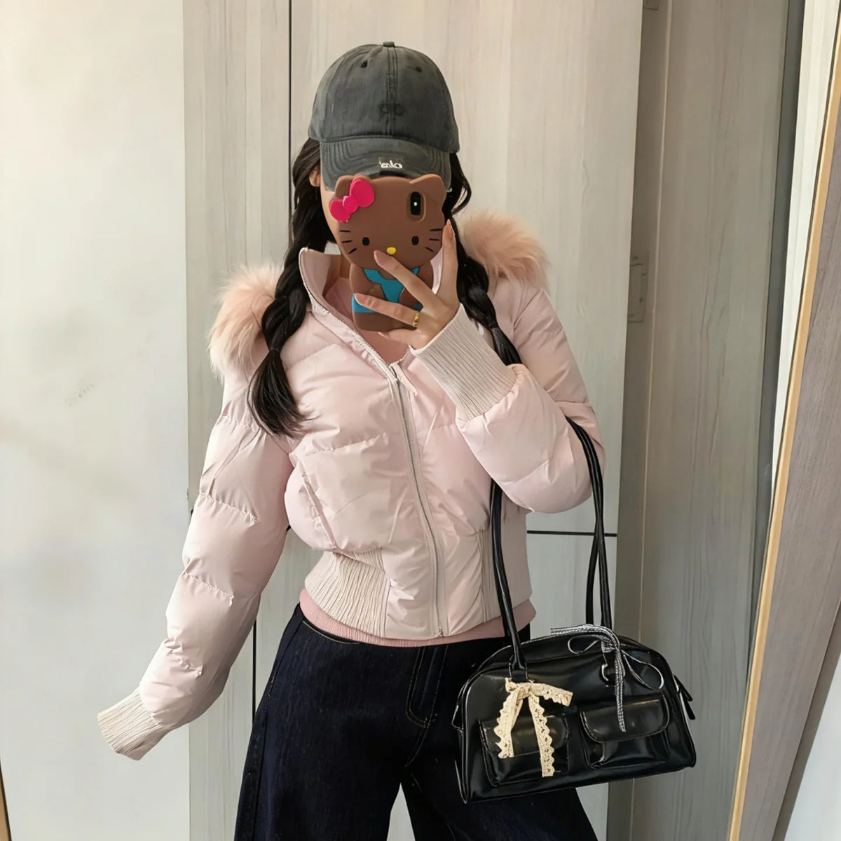 Winter New Women's Faux Fur Hooded Thick Padded Coat Slim Waist Short Cotton Jacket Sweet Style Warm Outerwear Parka