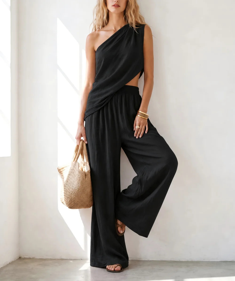 Summer Women Slant Shoulder Top & Wide Leg Pants 2 Piece Outfit Cotton Linen Casual Matching Suit