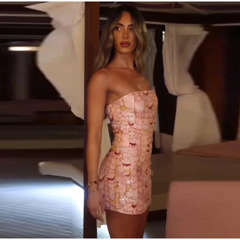 Fish Scale Sequins Strapless Bodycon Dress Women Elegant Shining Sleeveless Slim Mini Dresses 2026 Summer Party Vacation Gowns