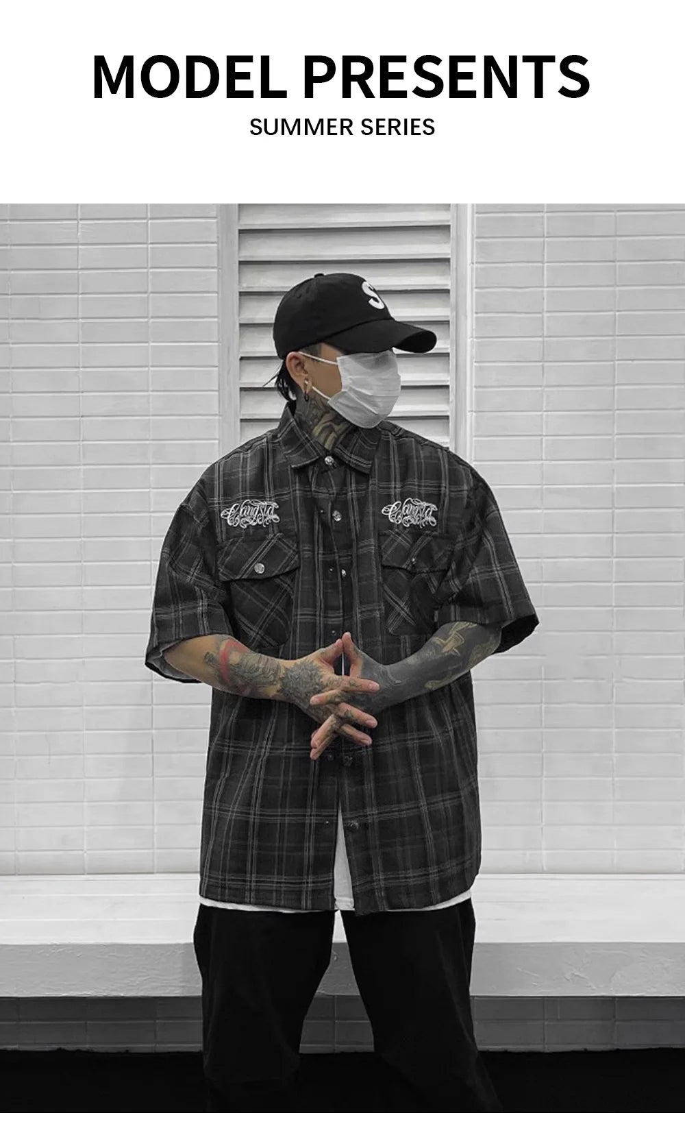 Chicano Safari Short Sleeve Shirt Mens Summer Streetwear Casual Loose Letter Embroidery Lapel Plaid Shirt Man
