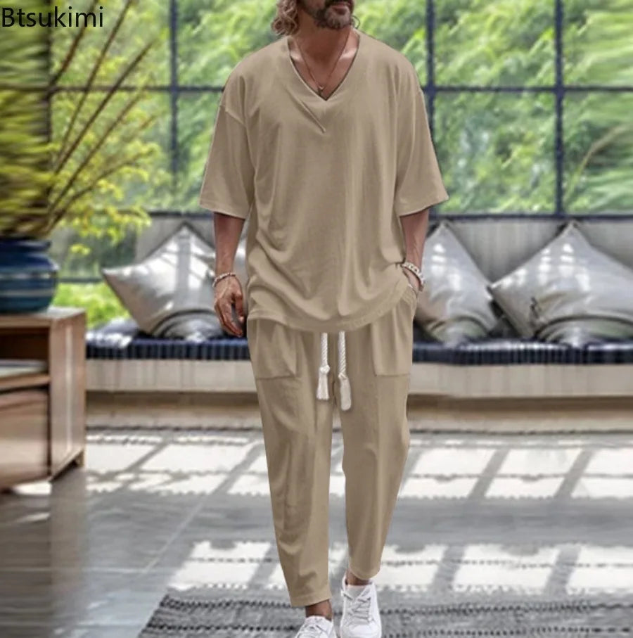2026 Men Two Piece Sets Fashion Solid Tracksuits Summer Half Sleeve V-neck T-Shirt and Pants Loose Casual Outfit Male Streetwear
