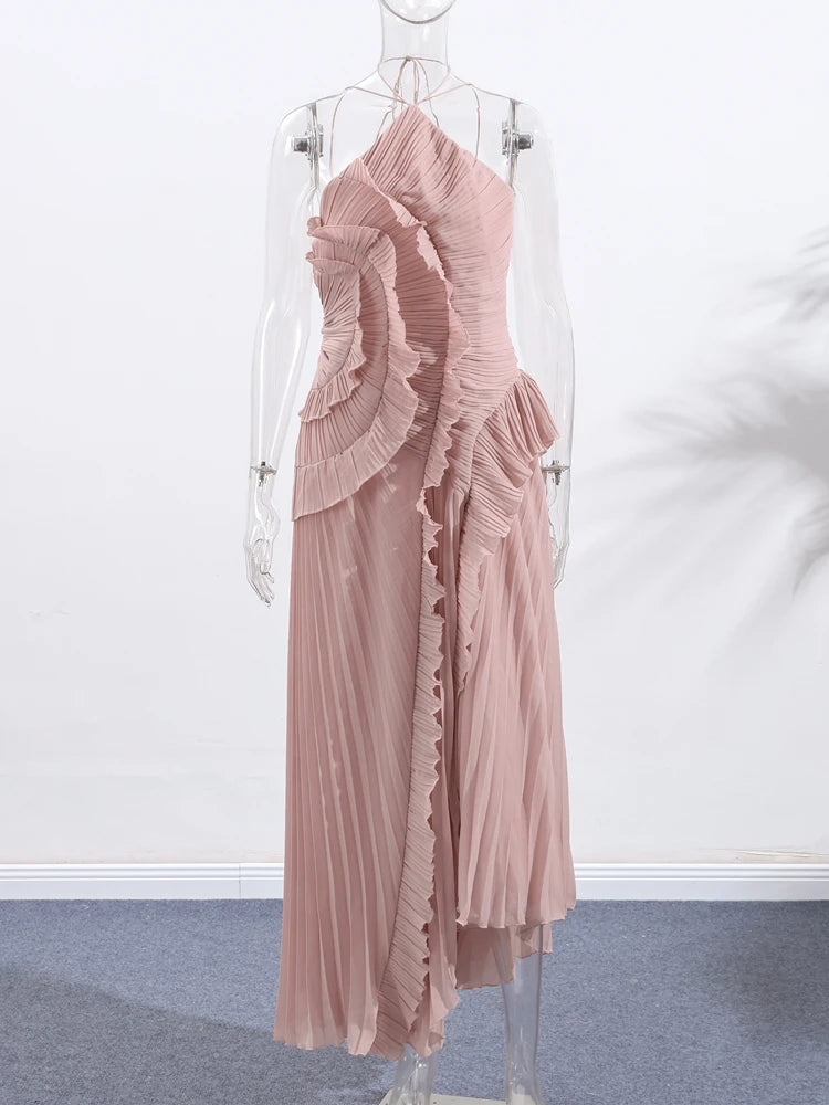 Bohemian Blue Pleated Halter Maxi Dress Women Gentle Sleeveless Asymmetric Ruffles Vestido Romantic Dinner Date Night Gowns 2026