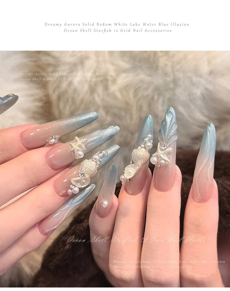 YYM 12 Grid Starfish Shell Nail Jewelry Set Box Conch Coconut Tree DIY Kit with Diamond Accessories for Nail Art