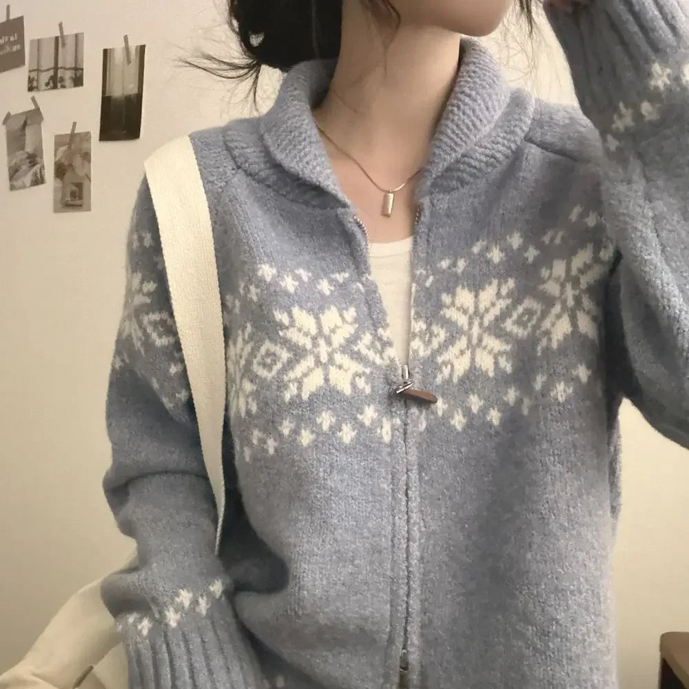 New Autumn Winter Women Fashion Elegant Knitwear Long Sleeve Sweater Fall Korean Style Casual Knitted Top Zipper Lapel Jacket