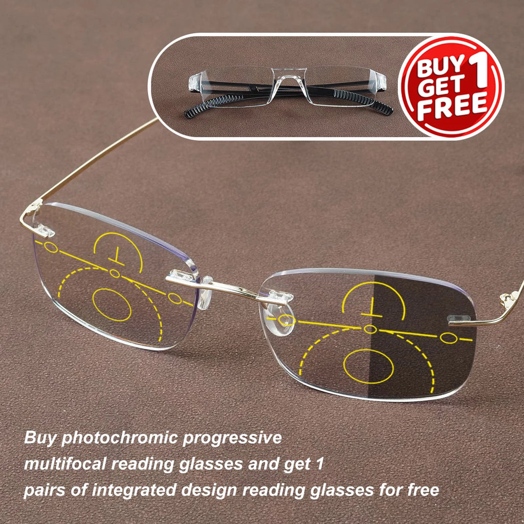 Photochromic, Progressive Multifocal Reading Glasses, Stylish Frameless Design, Includes 1 Piece of Integrated Reading Glasses as a Gift, Unisex.