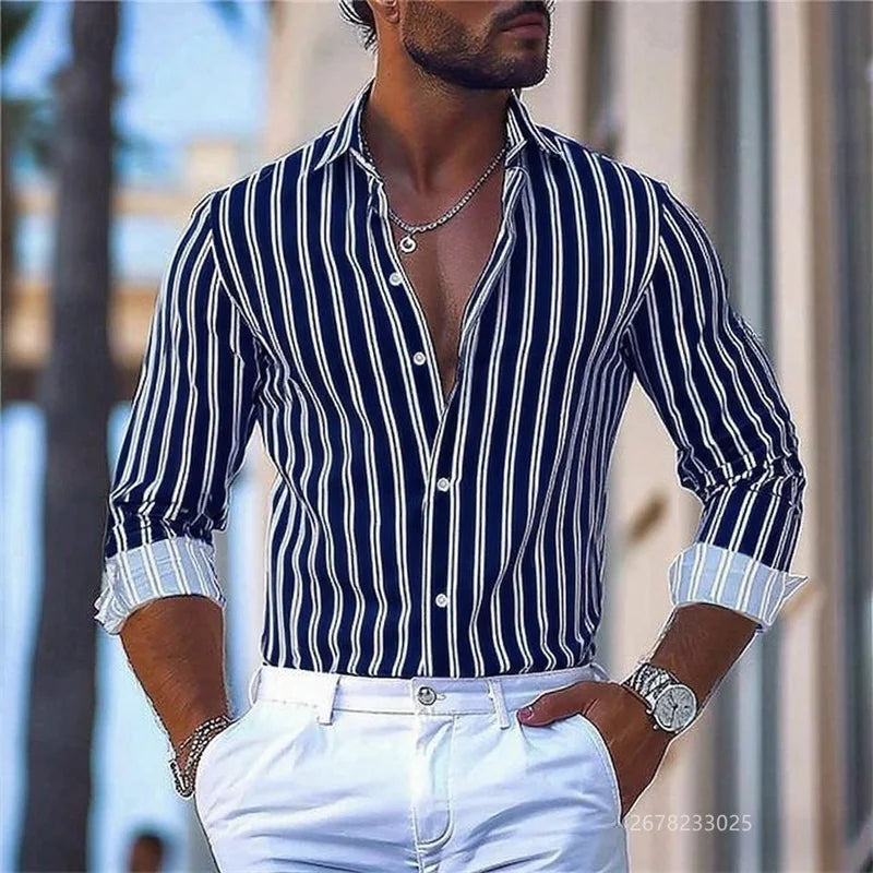 15 colors men's striped long-sleeved shirts, business office men's tops, spring and autumn lapel shirts, high-quality shirts