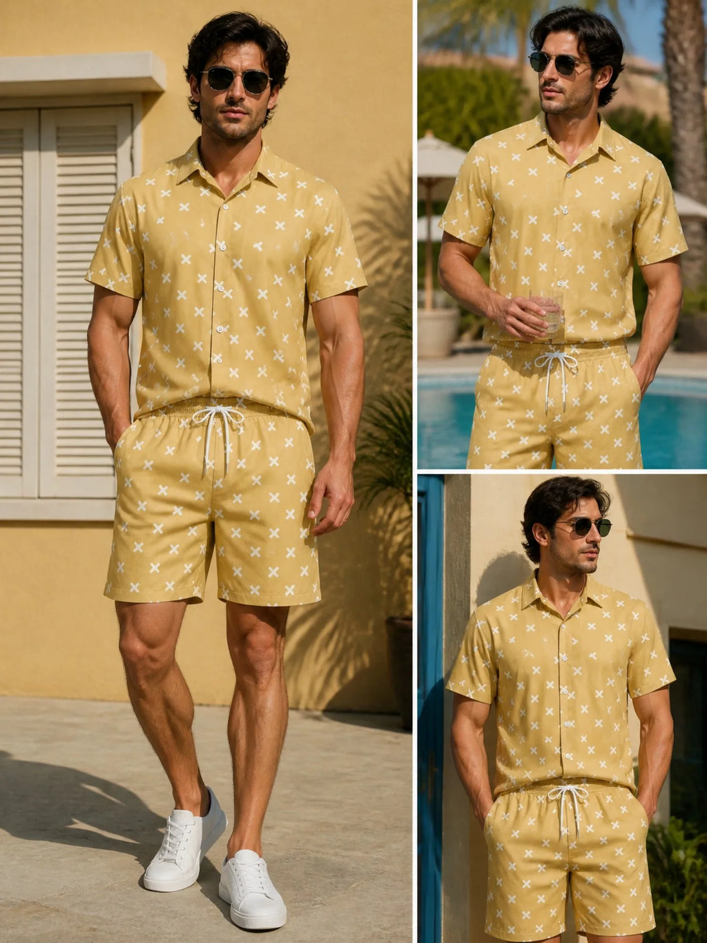 Mens Floral Short Sleeve Shirt and Drawstring Shorts Set Beach Vacation Relaxed Summer Two Piece Weekend Beach Outfit Travelwear