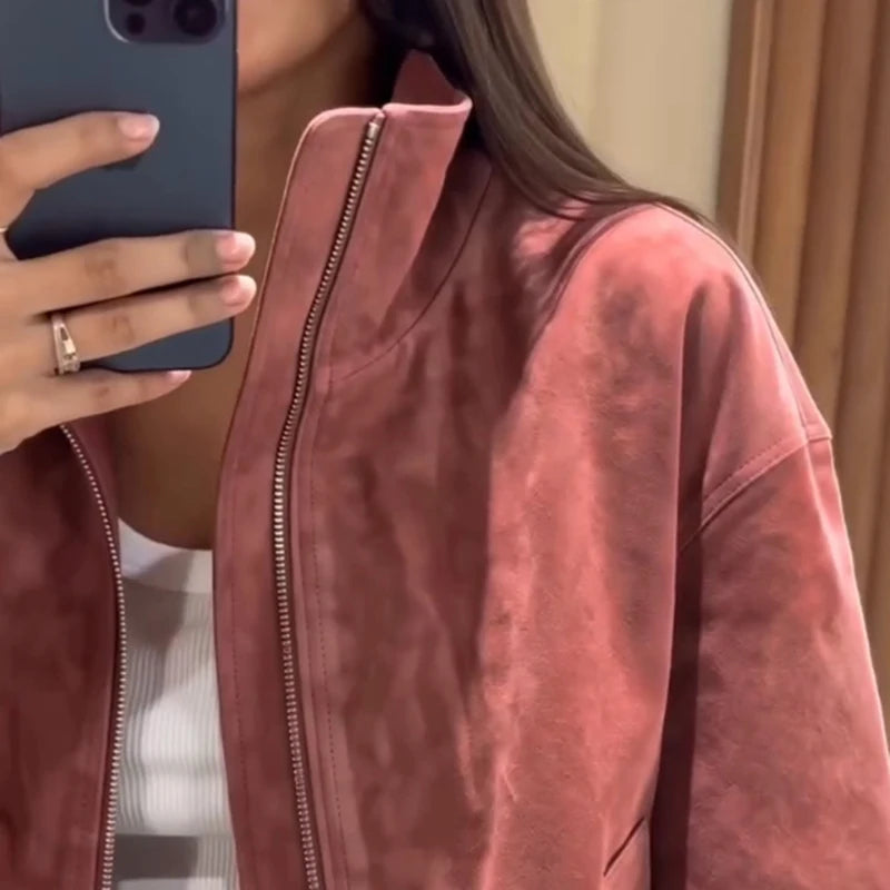 Women Dusty Faux Suede Bomber Jacket Stand Collar Zip Up Loose Drop Shoulder Elastic Hem Casual Fall Outerwear 2026 Fashion Coat