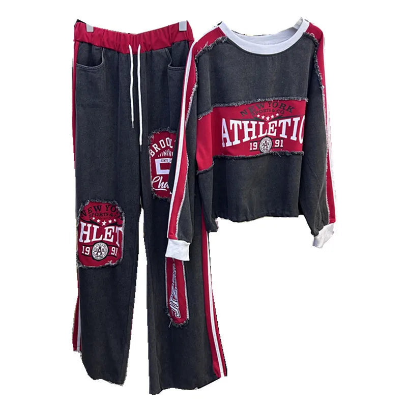 American Sports Two-piece Sets New Spring Colorblock Letters Printed Loose Denim Hoodie Top + Elastic Waist Casual Long Trousers
