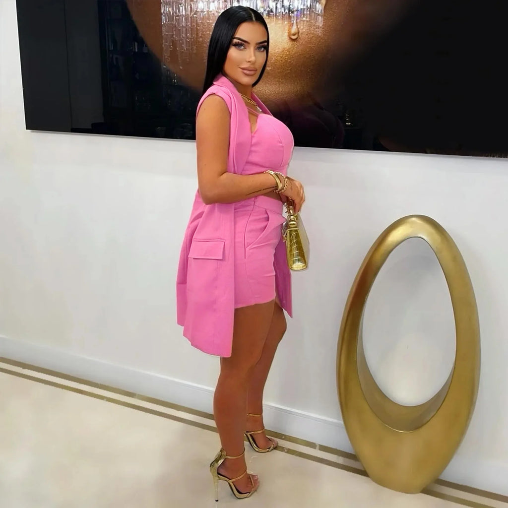 3 Pieces Set Sexy 2025 Summer Spring Fashion Women Set Female Tops Solid Sleeveless Blazers Tops And Shorts Suit Matching Outfit