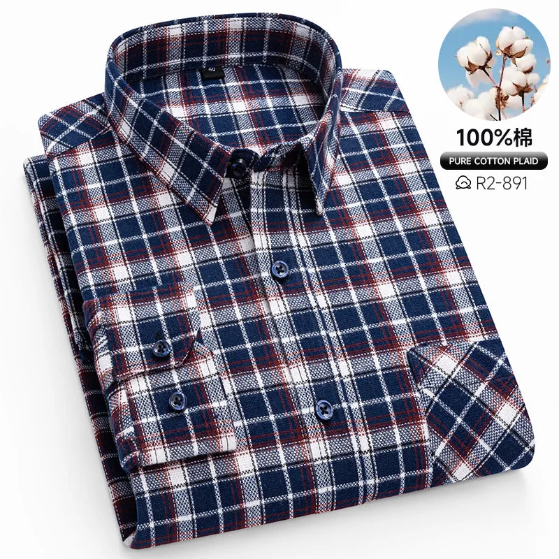Classic Retro Plaid Flannel Shirt Long Sleeve 100% Cotton Fashion Casual Soft Spring Autumn Winter Standard Pocket Men's Shirt