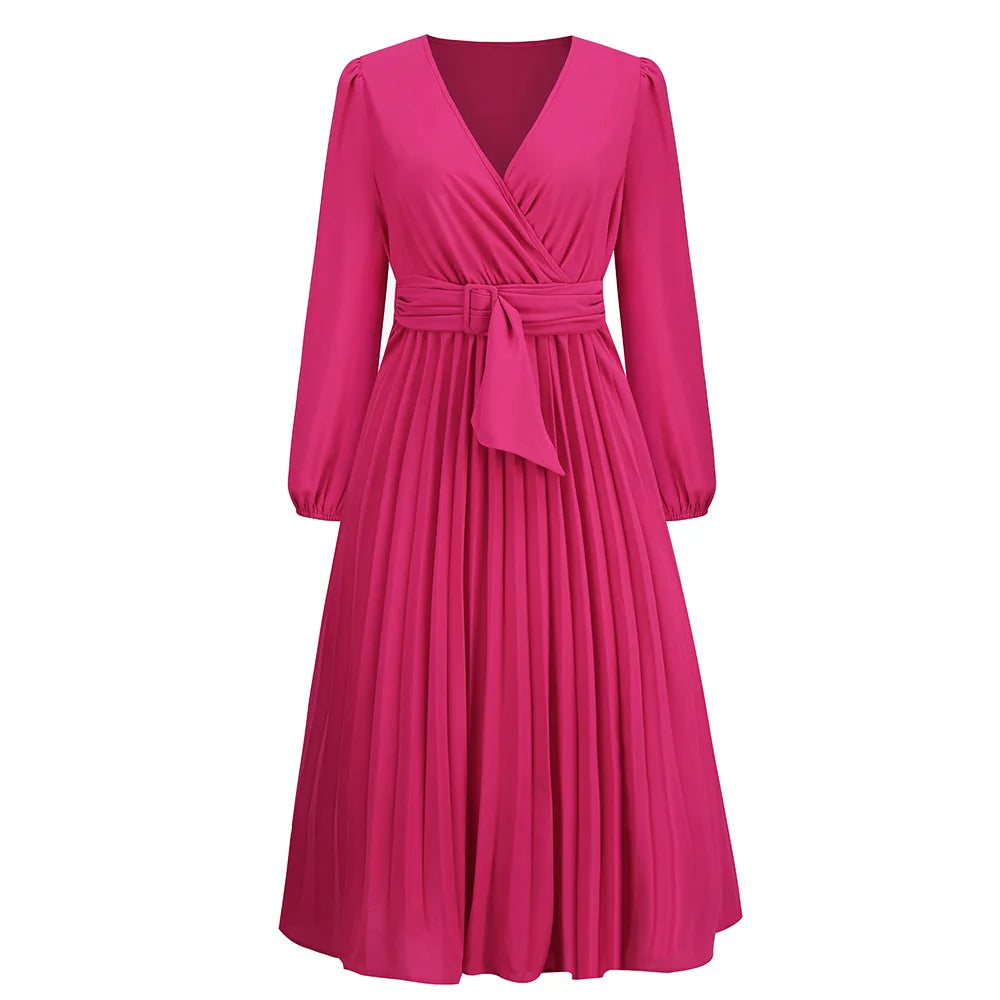 Elegant Women's Green Chiffon Autumn/Winter Long Sleeve Slim Fit Pleated Dress Fashion Women's V-neck Belt Party Dresses S-2XL