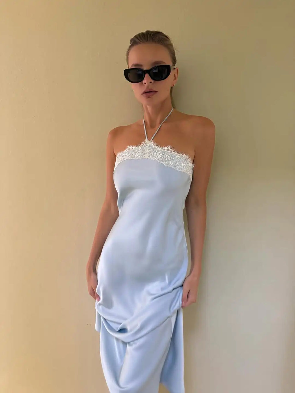 Women's Blue Satin Lace Trim Halter Neck Maxi Dress Elegant Sleeveless Backless Slim Long Robes 2026 Female Evening Party Gowns