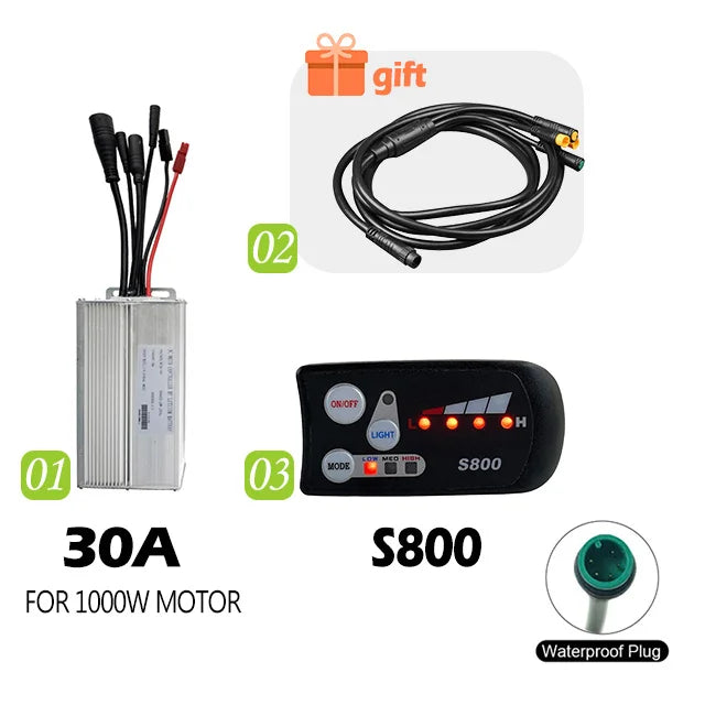 Electric Bike 30A Brushless Controller with SM Plug for 1000W Motor with LCD Display Panel S800 S830 E-scooter Meter Control UKC