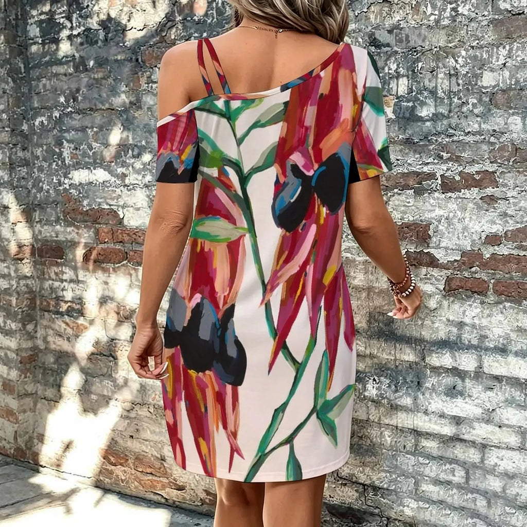 Australian Sturt Desert Peas Women's Slanted Shoulder Single Strap Short-Sleeved Dress