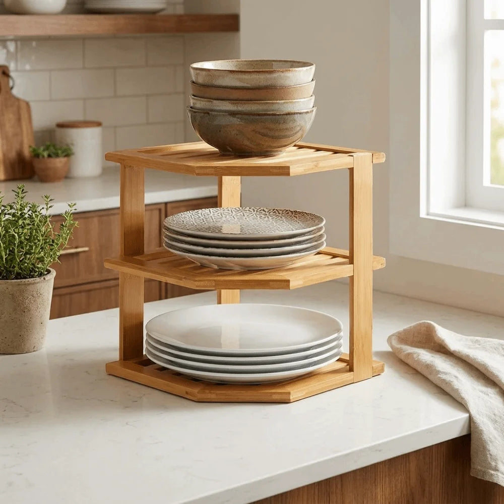 3 Tier Cabinet Organizer Shelf for Kitchen Storage Sturdy Plate Organizer Bamboo Corner Shelf Dish Rack for Cabinet Countertop