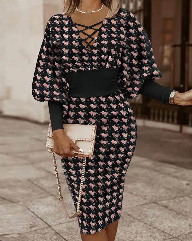 Elegant Women's Maze Printed Long Sleeved Slim Fit Dress 2024 Fashionable Woman Hollowed Out V-neck Cinched Party Club Vestiods
